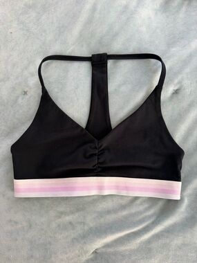 Spiritual Gangster Black Racerback Sports Bra with Pink-Striped Band